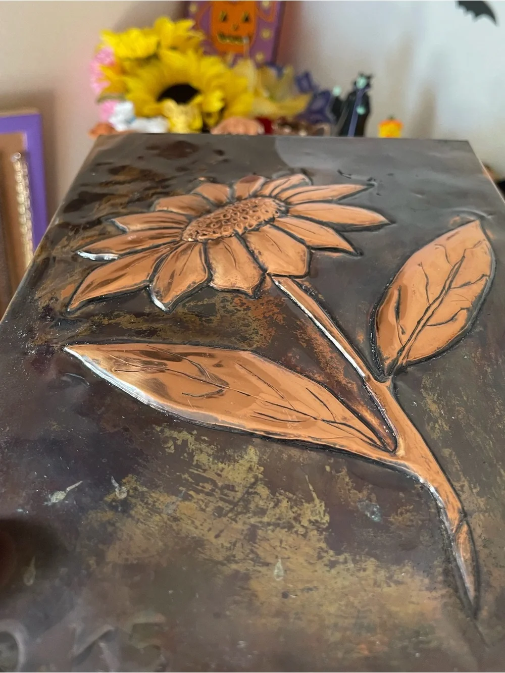 Vintage handmade signed bronze copper emboss 3D sunflower Art decor art